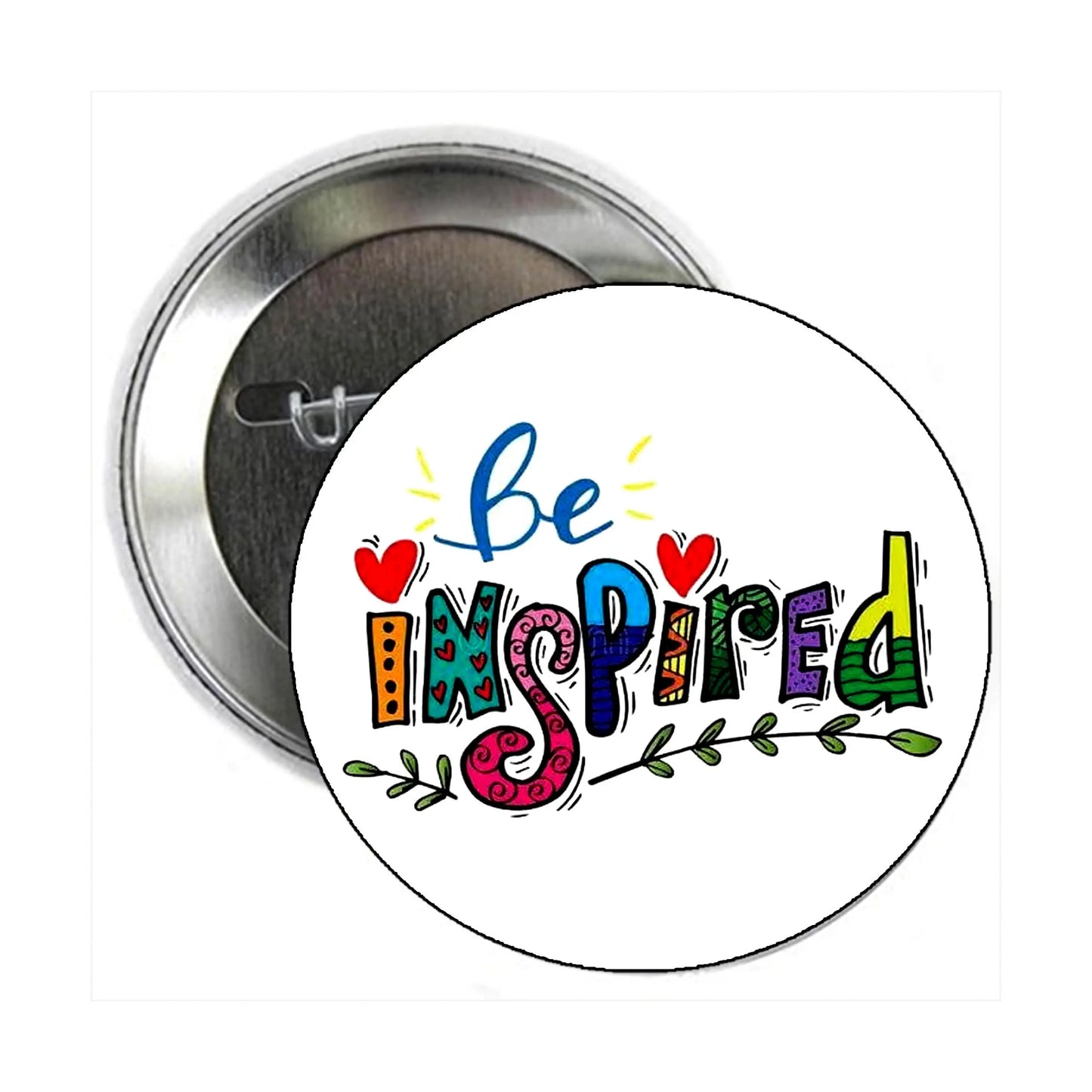 Round pinback button with colorful Be Inspired lettering and heart accents