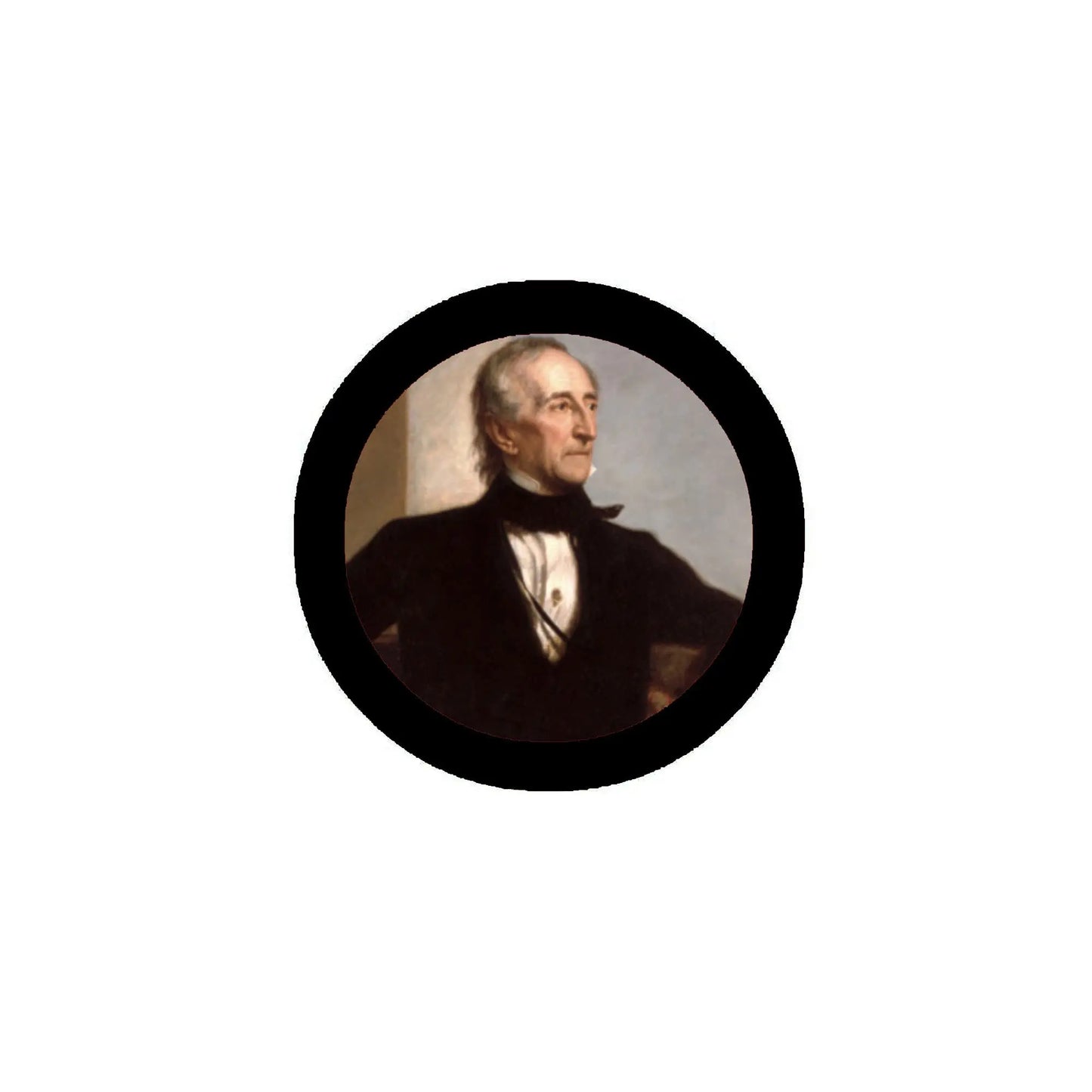 John Tyler portrait pinback button, black rim, circular design