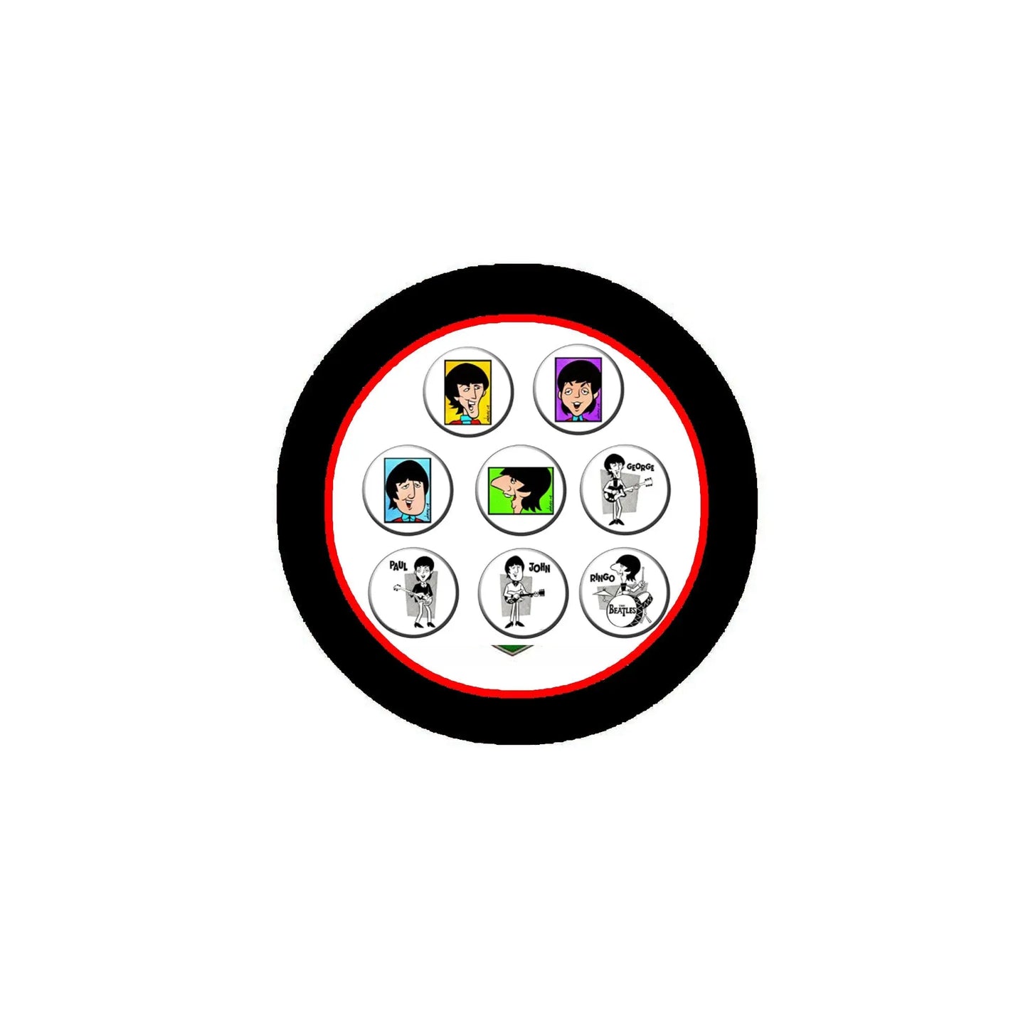 8-pack cartoon music band pinback buttons in circular black-and-white design