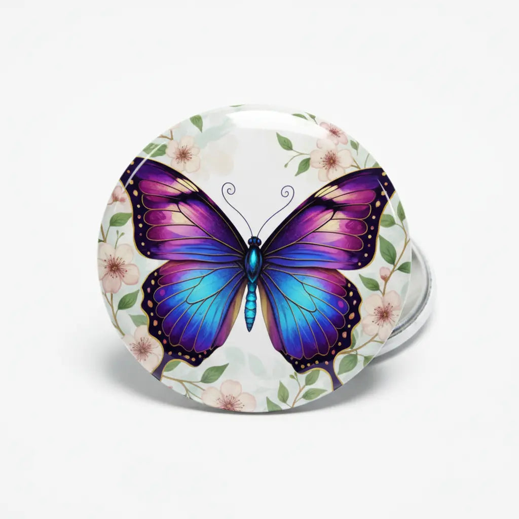 2.25-inch butterfly pinback button with purple-blue wings and floral border