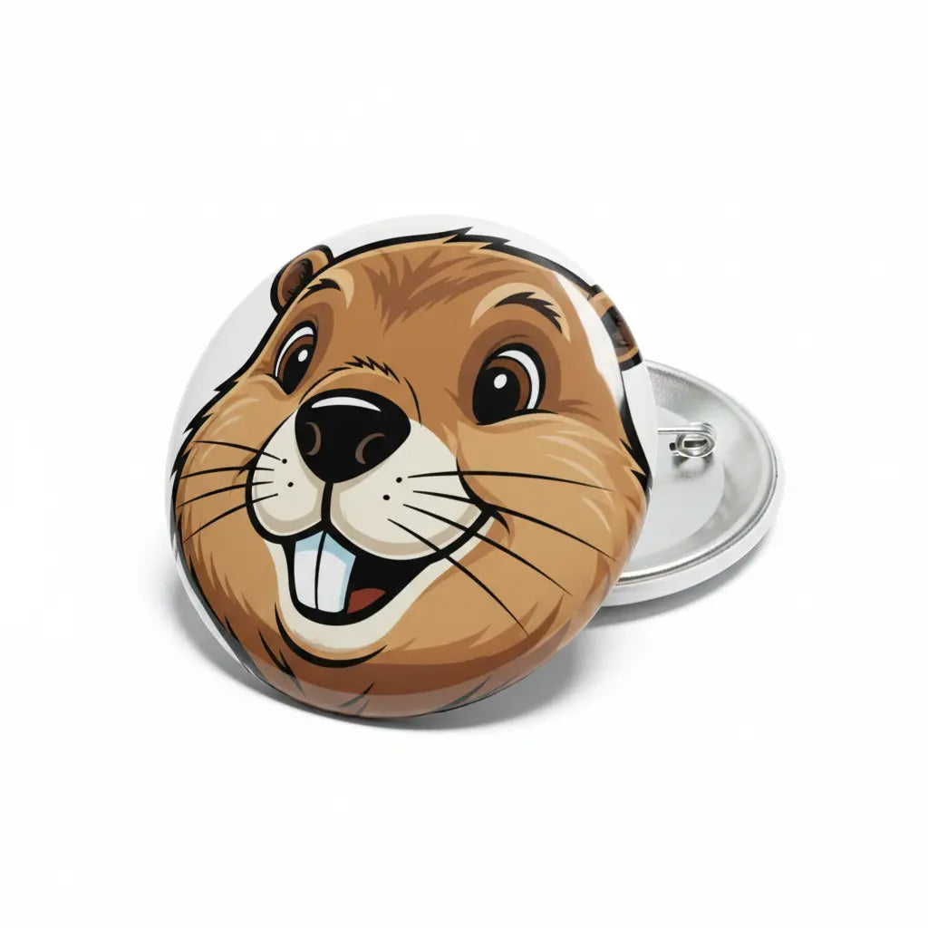 Beaver face pinback badge with smiling cartoon beaver on round brown background
