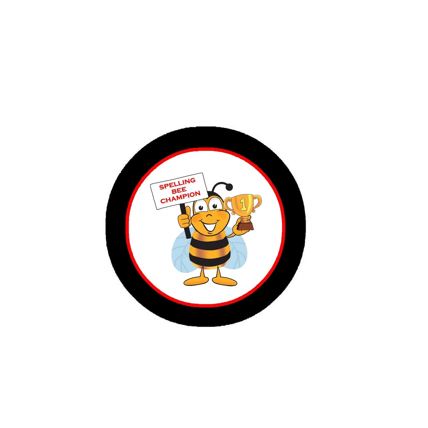 Round black pinback button with red border, white center spelling bee champion cartoon