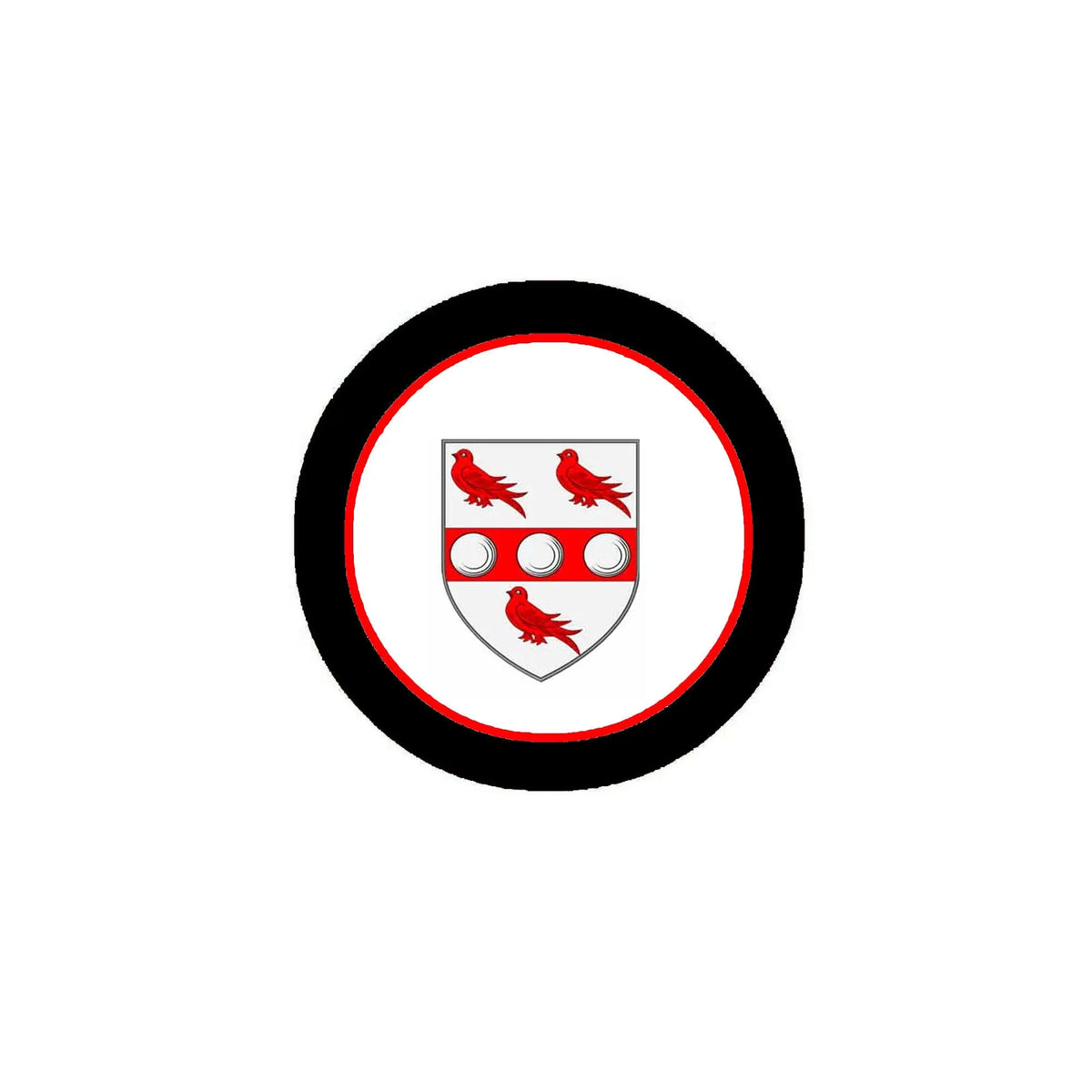 3-inch coat of arms crest magnet, round black edge with red birds on white shield