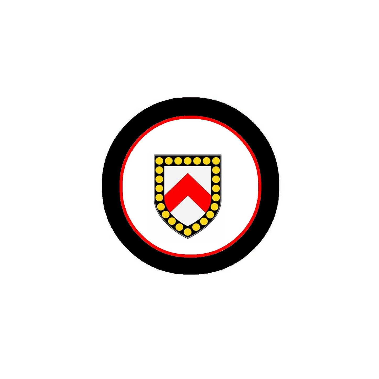 Round coat-of-arms magnet with black ring, red border, and gold shield with red banner.