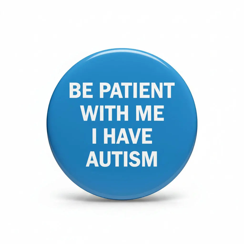 2.25-inch autism pinback button, blue circle with 'Be Patient With Me I Have Autism'