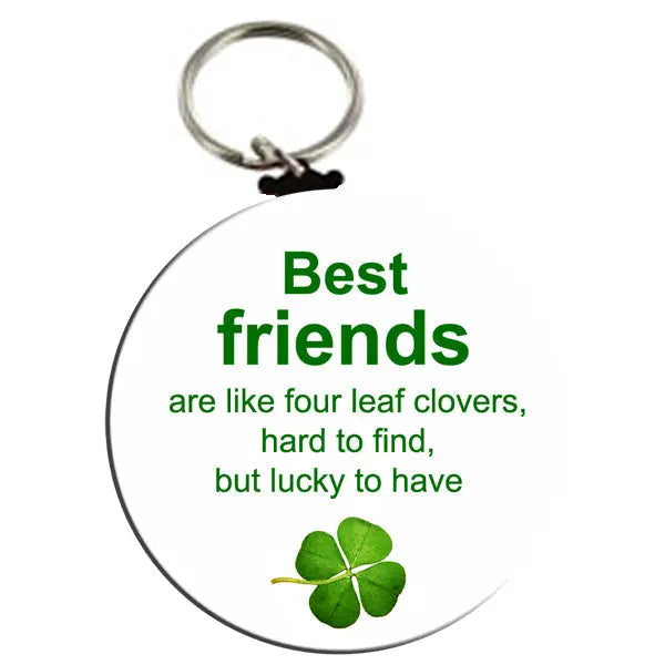 Round bottle opener keychain with key ring and 'Best friends' clover design