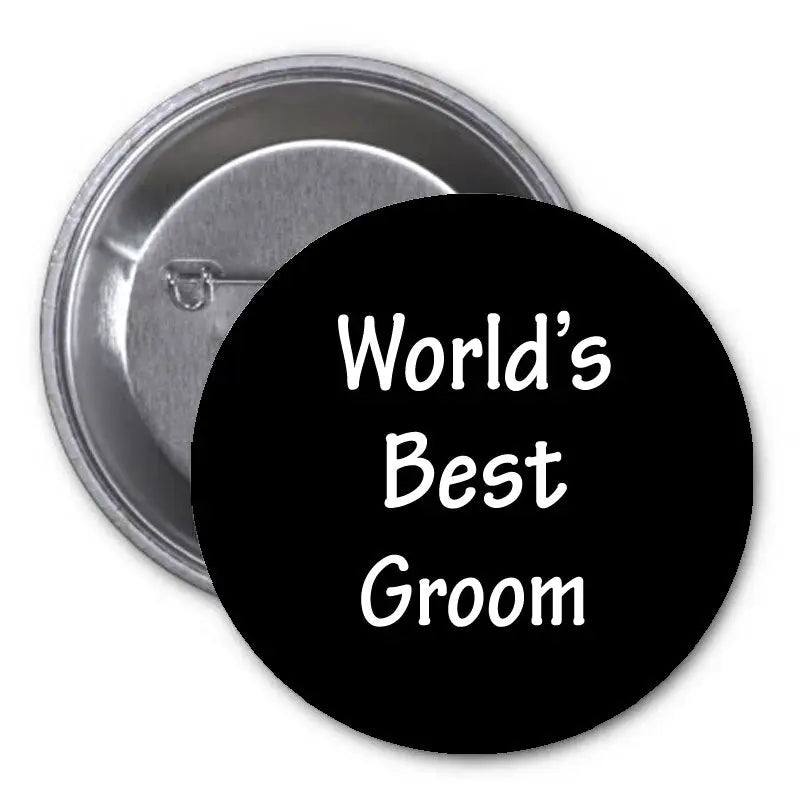 1.25-inch pinback button, black with white 'World's Best Groom' text