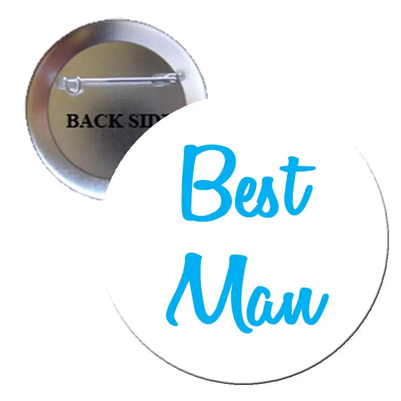 Round white pinback badge with blue "Best Man" text and silver metal backing clasp