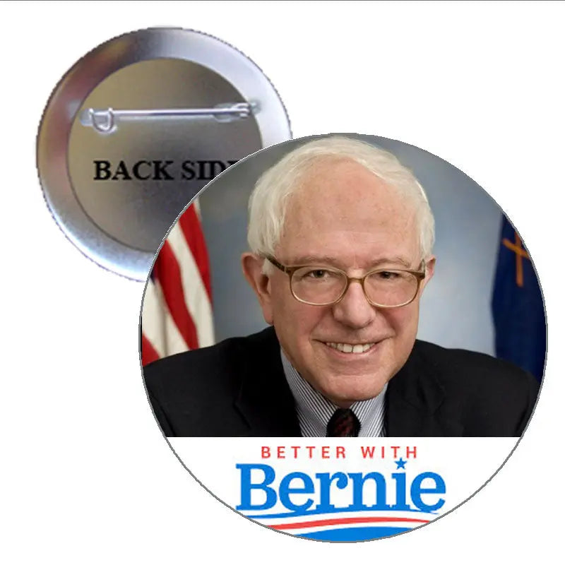 Circular pinback button with “Better with Bernie” text and Bernie Sanders portrait