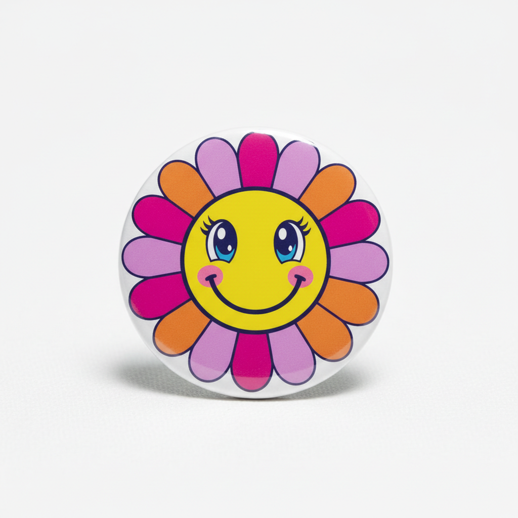 Colorful flower smiley face pinback with yellow face and purple-pink petals