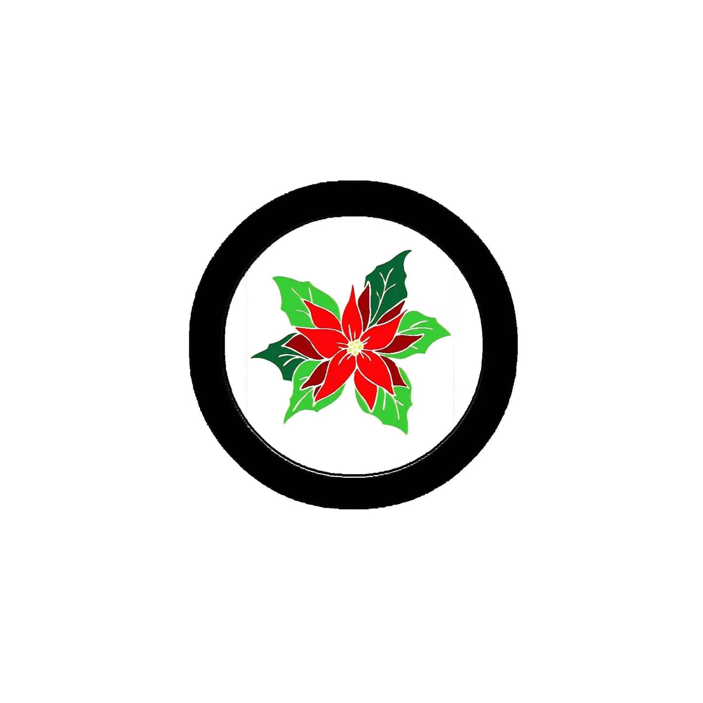Christmas flower pinback badge with black border and red green poinsettia design