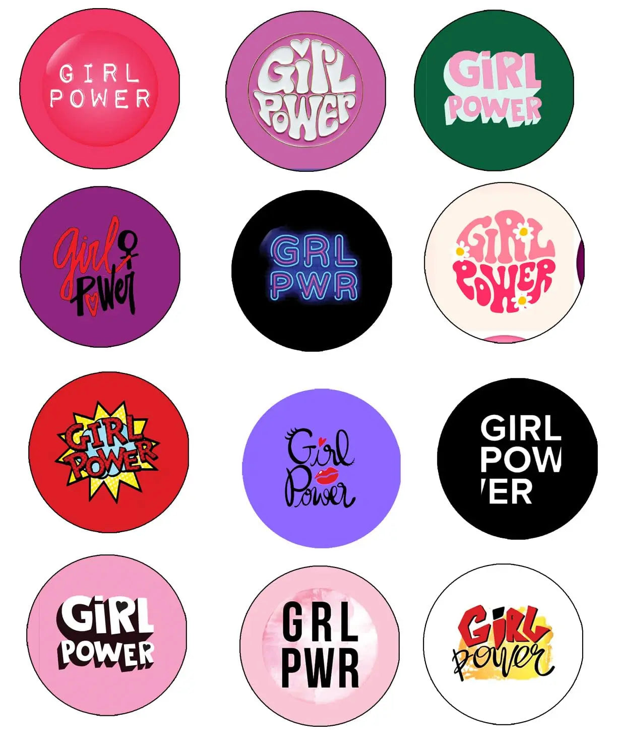 Round pinback button badges with “Girl Power” slogan in pink, purple, green, black designs