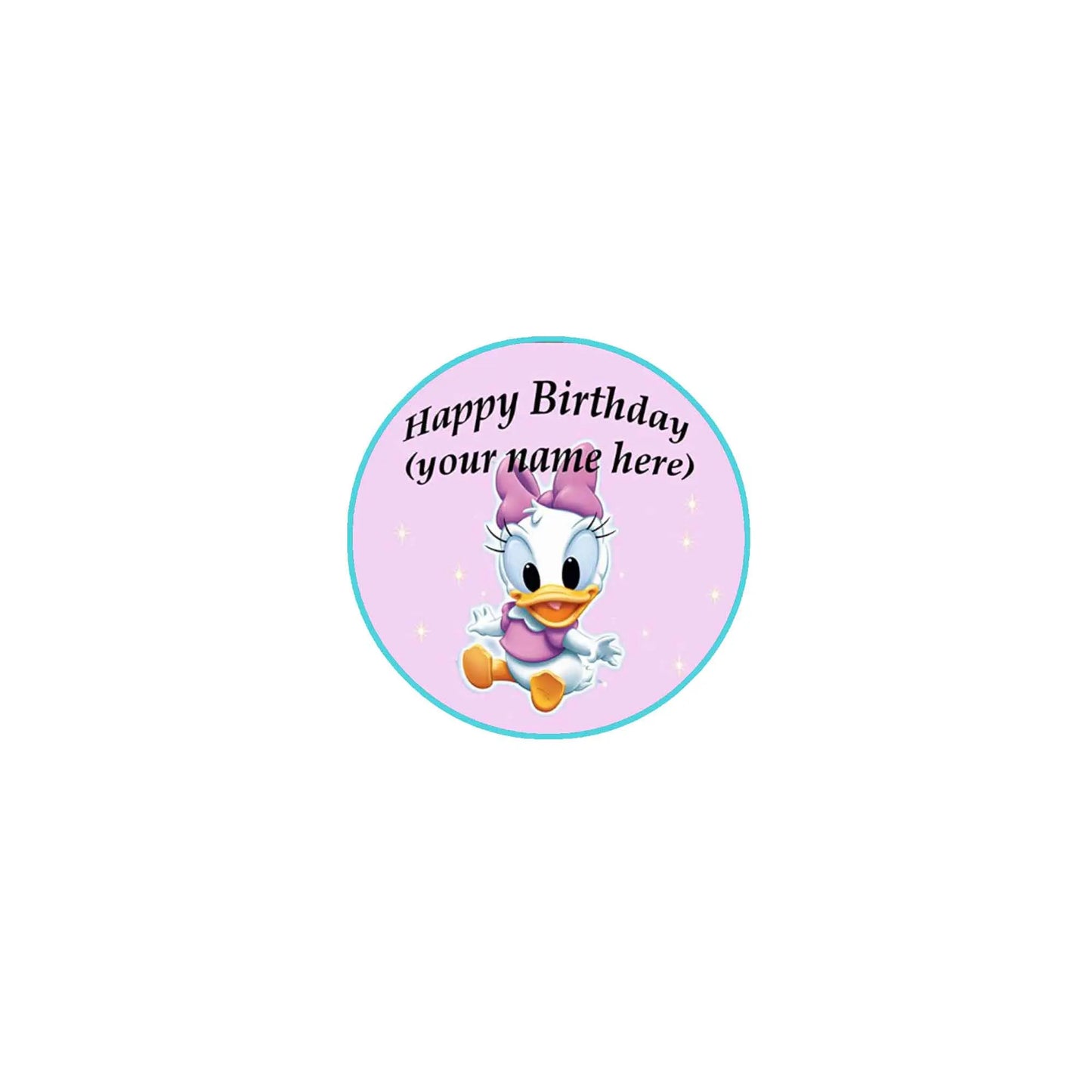Customizable Happy Birthday pinback button, 2.25-inch, round design with cartoon duck and text
