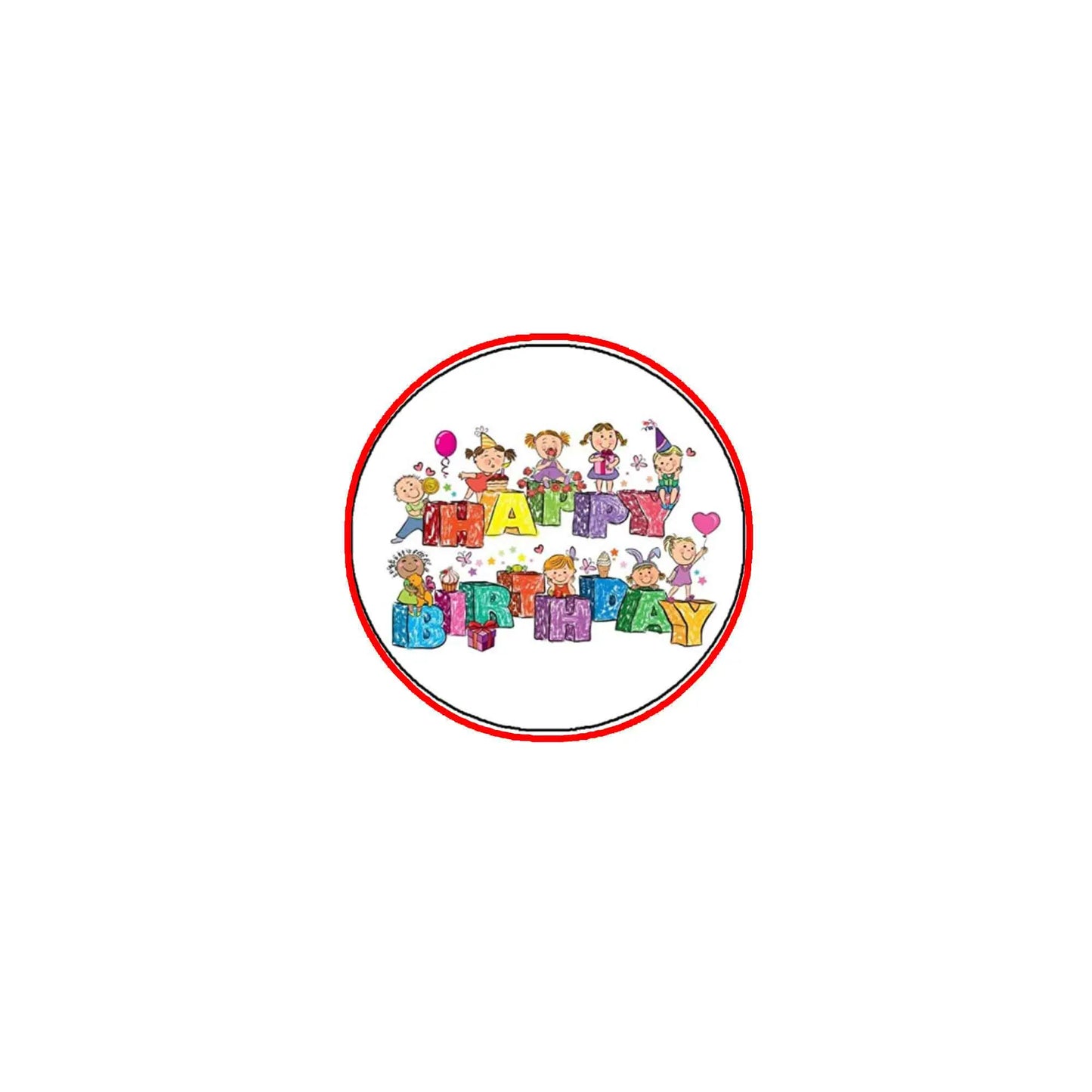 2.25-inch round Happy Birthday cartoon pinback button with red border, colorful letters