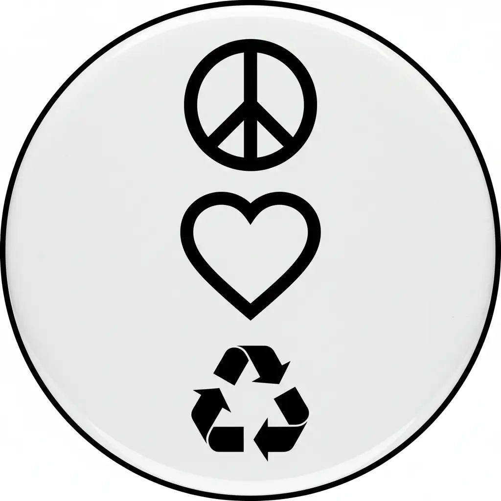 Black and white peace, love, recycle round pinback button with peace sign, heart, and recycling icon