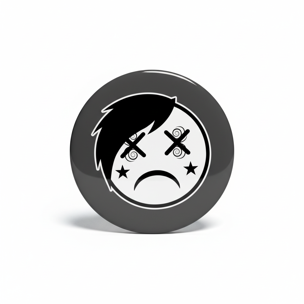 Black 2.25-inch pinback button with emo smiley face, spiky hair and star details