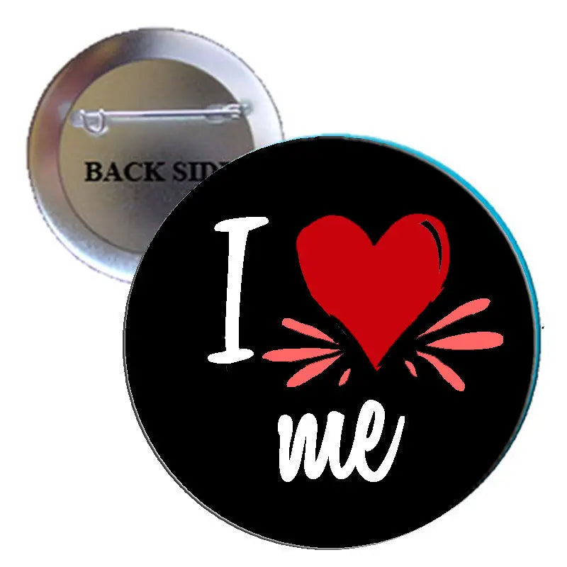 1.25-inch pinback button, black with red heart and 'I love me' text