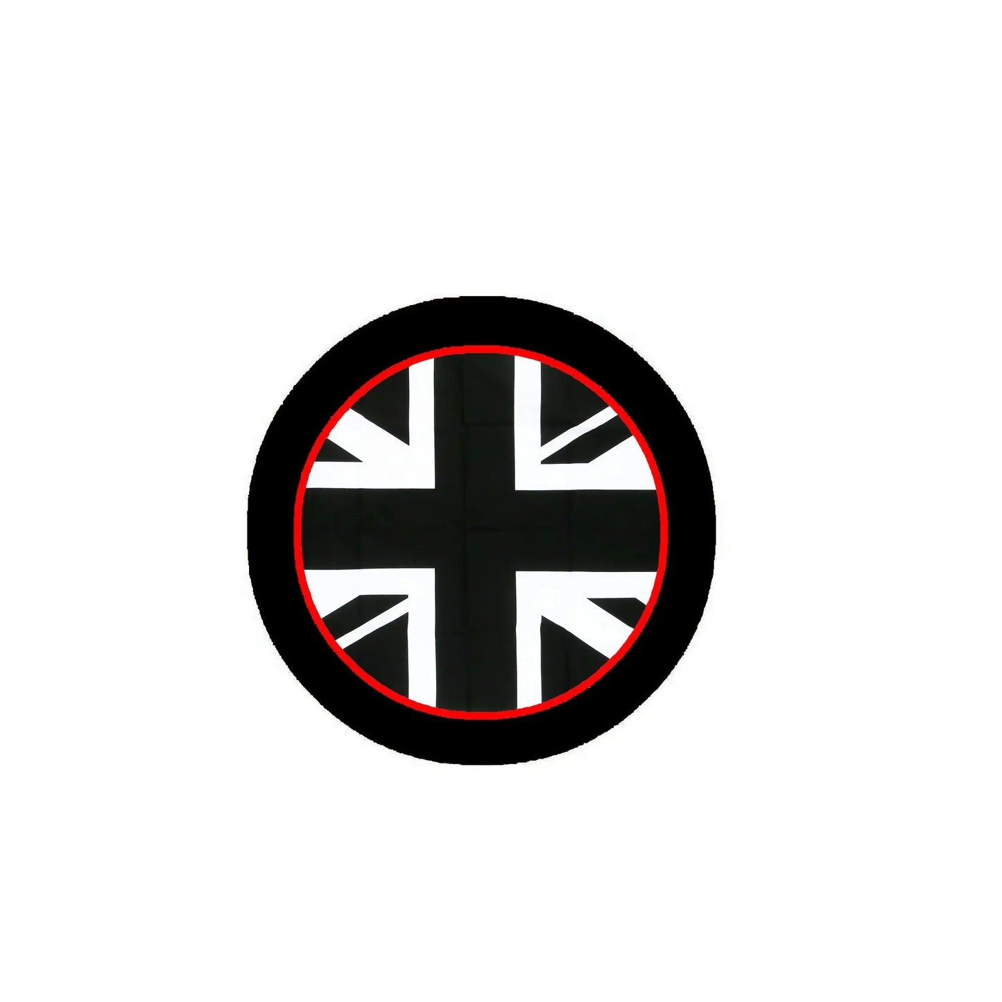 2.25-inch round UK flag pinback badge with Union Jack design, black rim, red ring