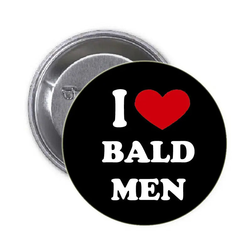 1.25-inch pinback button with โI love bald menโ text and red heart