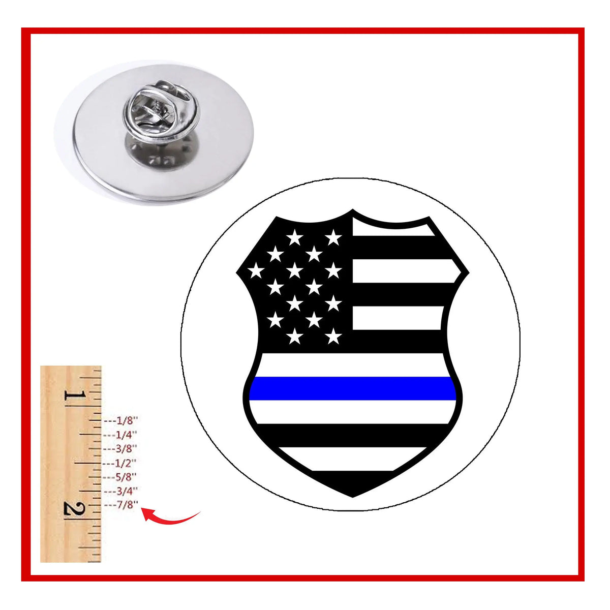 Silver lapel pin with shield US flag design, stars and stripes enamel