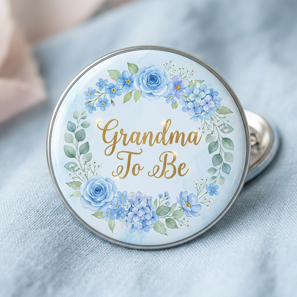 Blue Flowers Baby Shower Grandma To Be Pin Button 2.25-inch