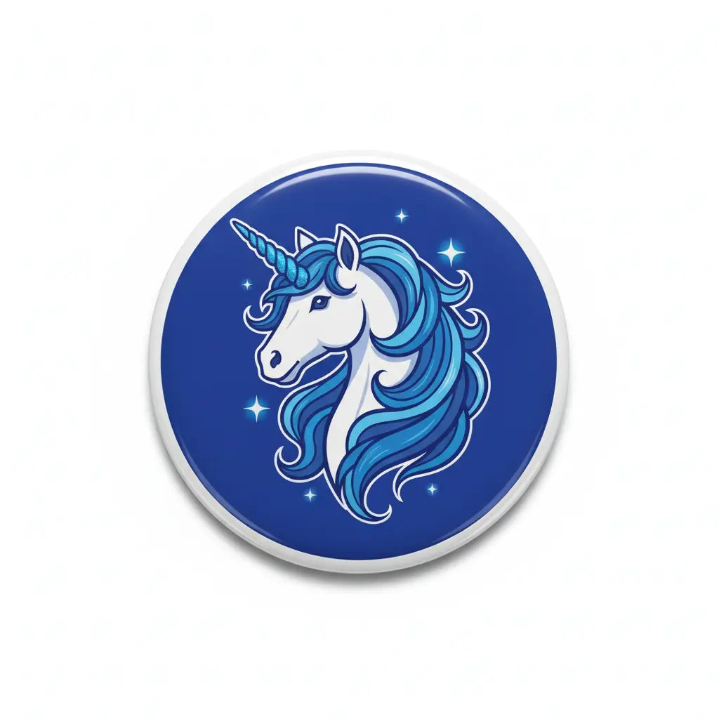 Blue unicorn pinback button, 2.25-inch round, white and light-blue illustration