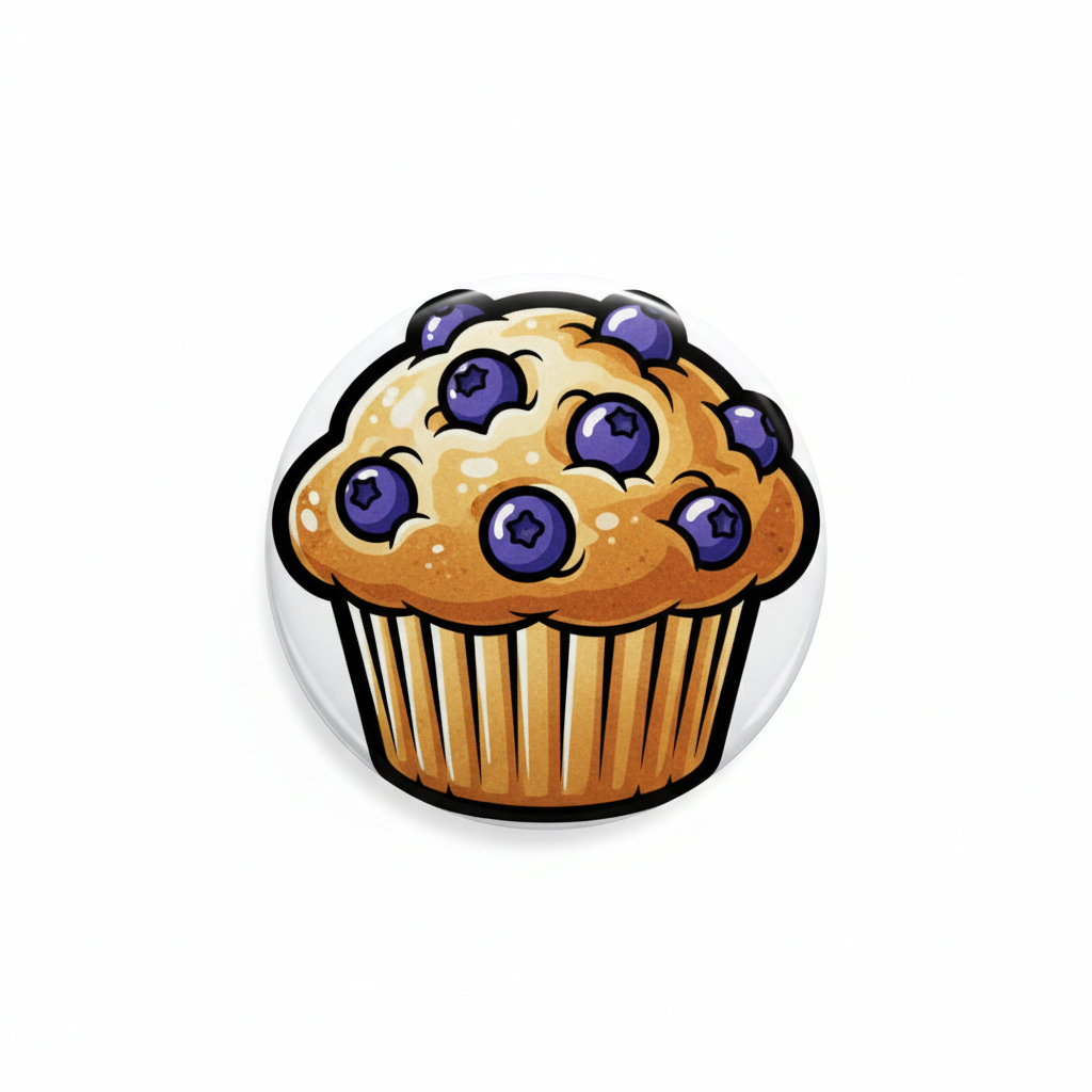 2.25-inch blueberry muffin pinback button with cartoon purple berry topping