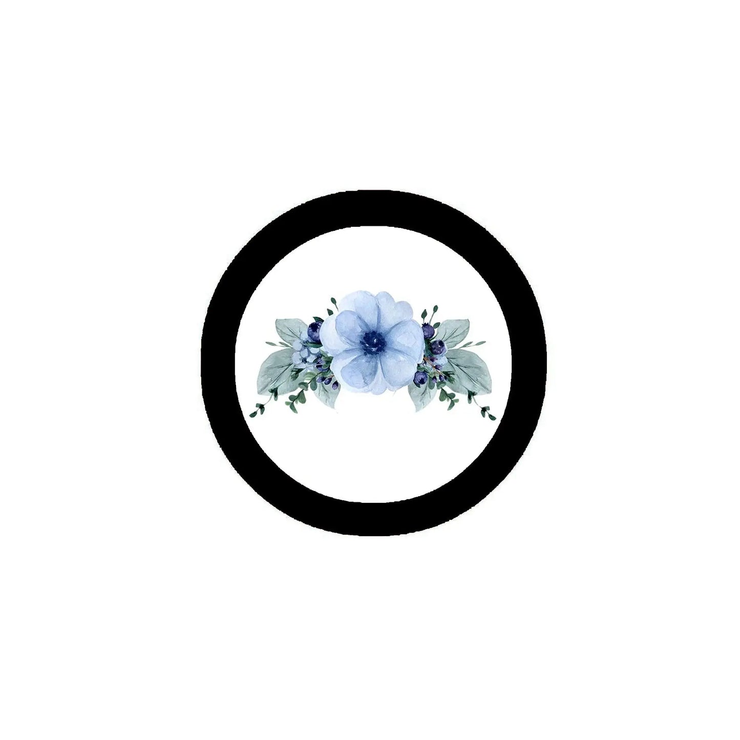 Blue flower brooch with circular black frame, 2.25 in