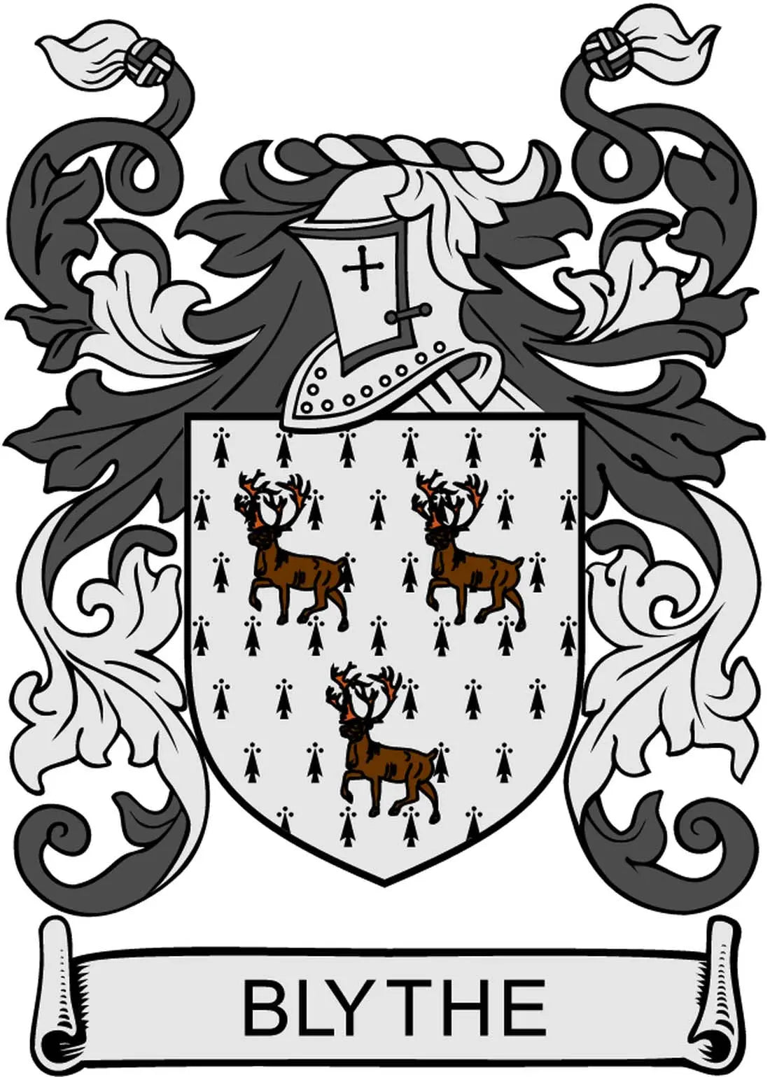 Dark coat of arms pinback design with “BLYTHE” banner, crosses, and animal figures