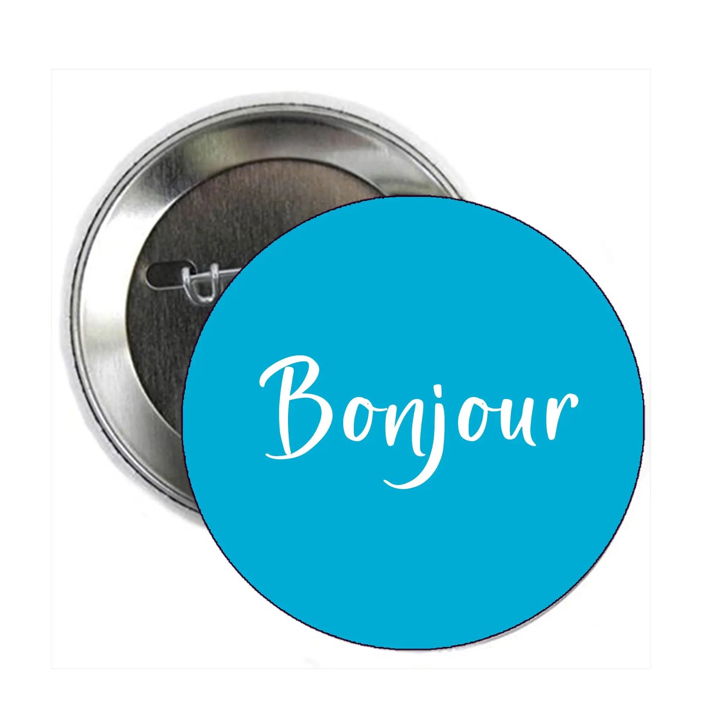 Hello Bonjour pinback button, 1.25-inch; blue circle with white “Bonjour” script