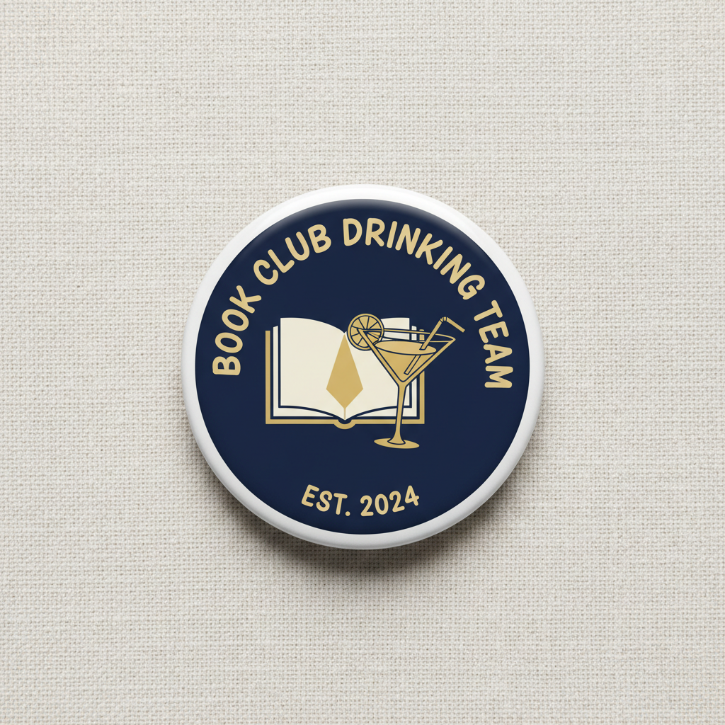 Round navy enamel pinback with gold book and cocktail graphic, βEst. 2024β text