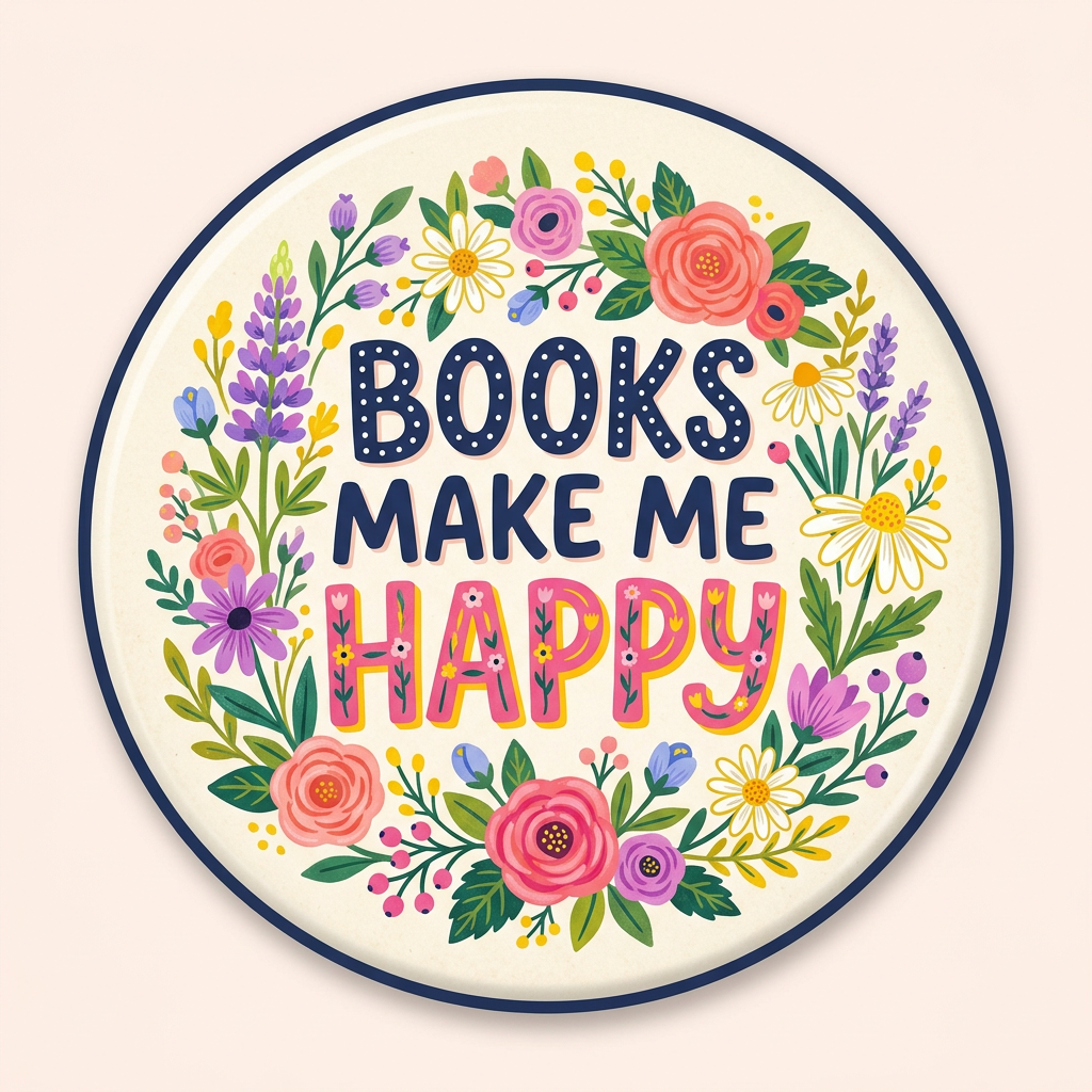 Books Make Me Happy Floral Pin Button 2.25-inch