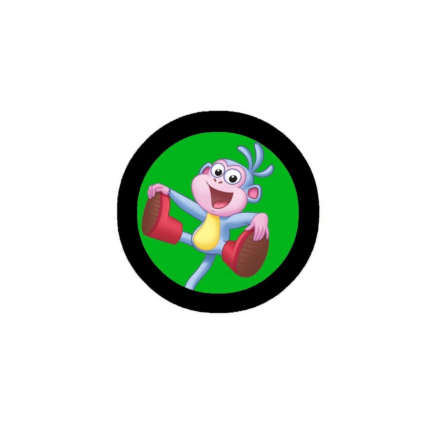 Round magnet with black rim and green center, featuring a cartoon character with boots