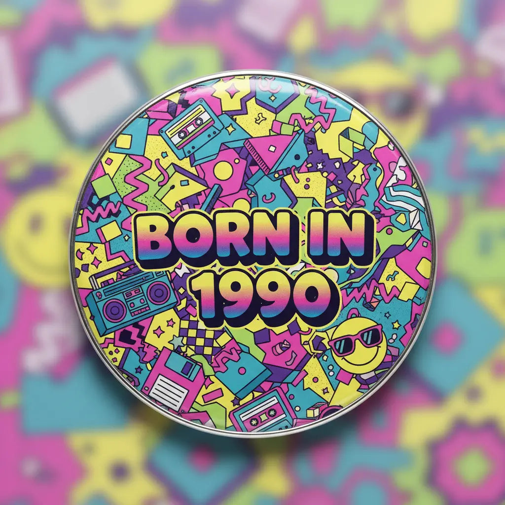 Round pinback button with colorful graffiti-style pattern and text 'BORN IN 1990'.