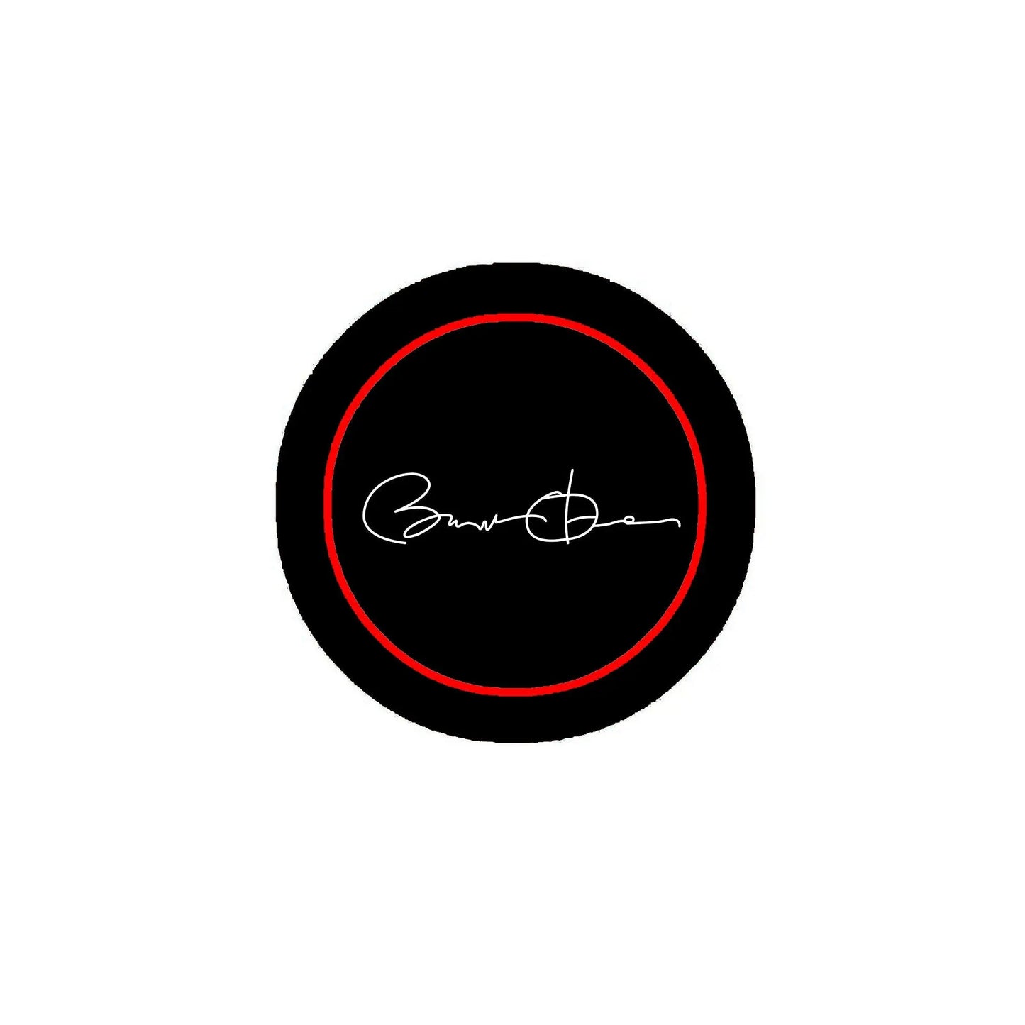 2.25-inch pinback button, black with red ring and white cursive signature