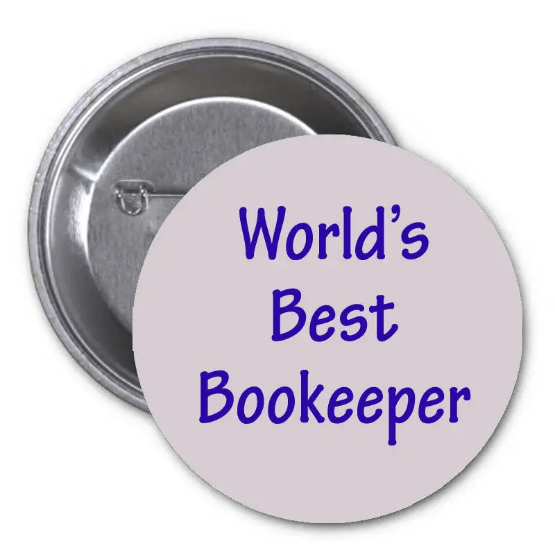 Bookkeeper badge pin with circular design and blue text 'World's Best Bookkeeper'