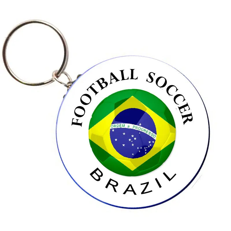 Round Brazil flag style keychain with bottle opener ring and Football Soccer Brazil crest