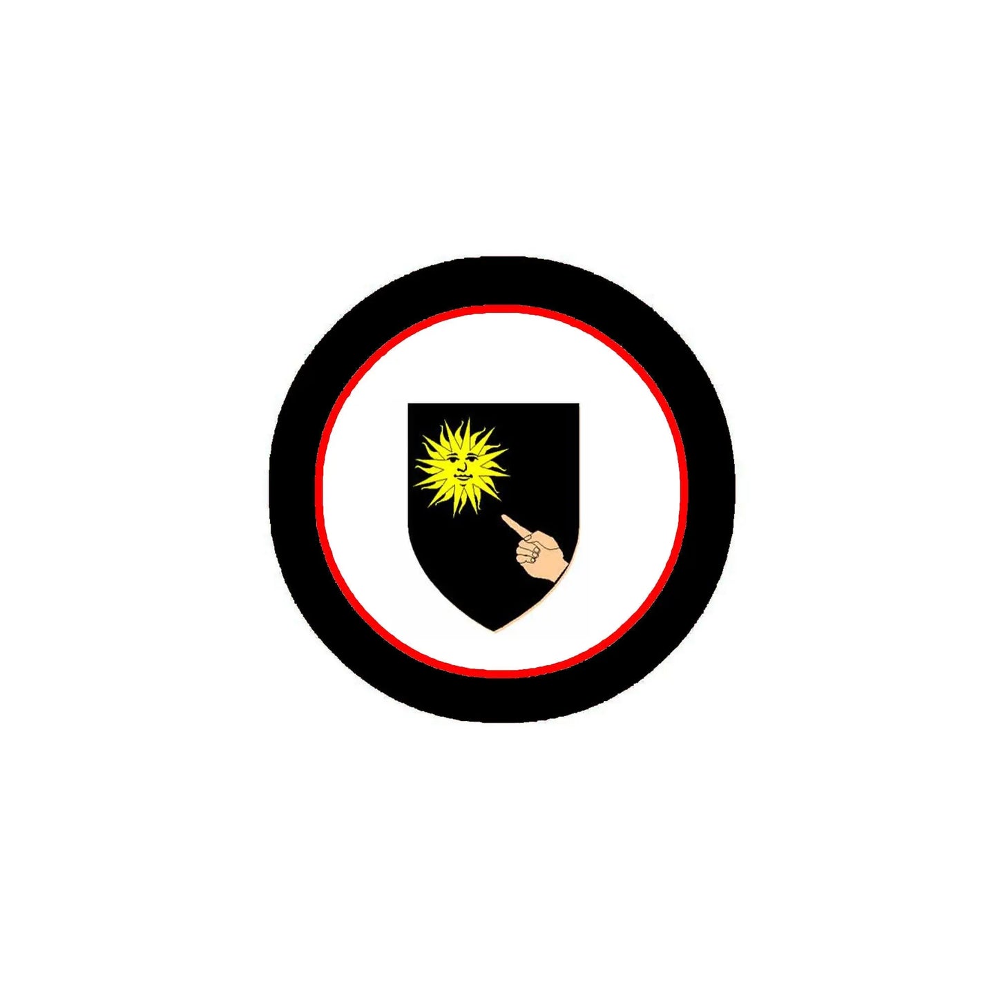 3-inch circular family crest magnet with black and red ring, yellow sunburst shield design