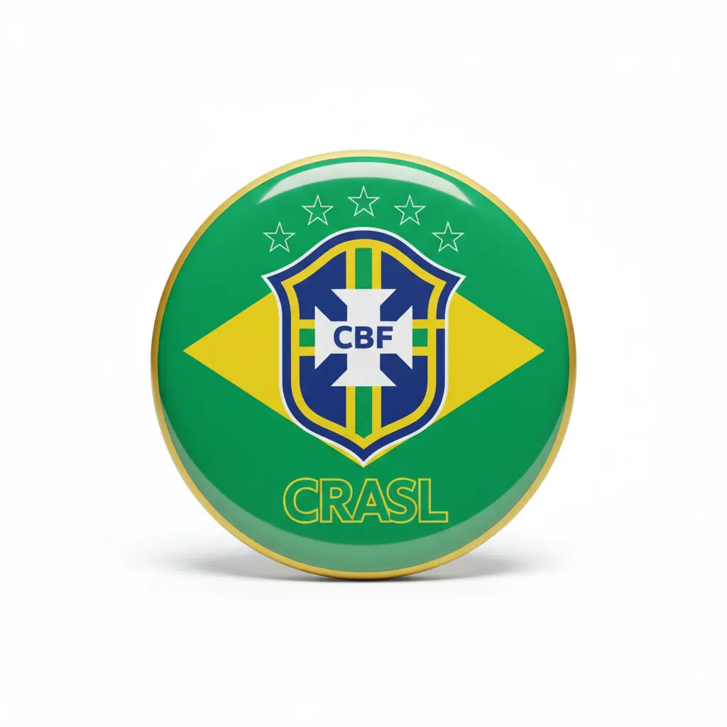 Brazil soccer crest pinback badge with green flag design, CBF shield and CRASL text