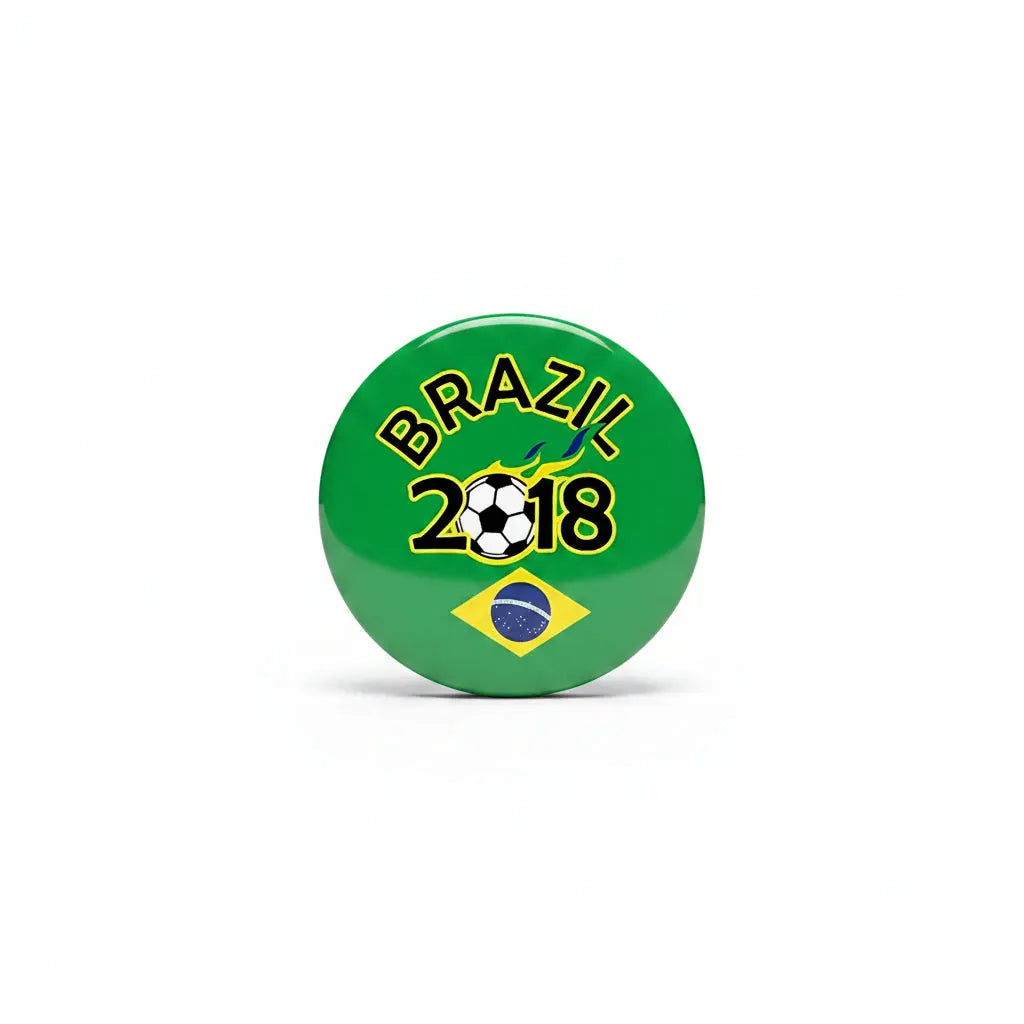 2018 Brazil soccer pinback button, round green with BRaZk 2018 text, soccer ball and flag