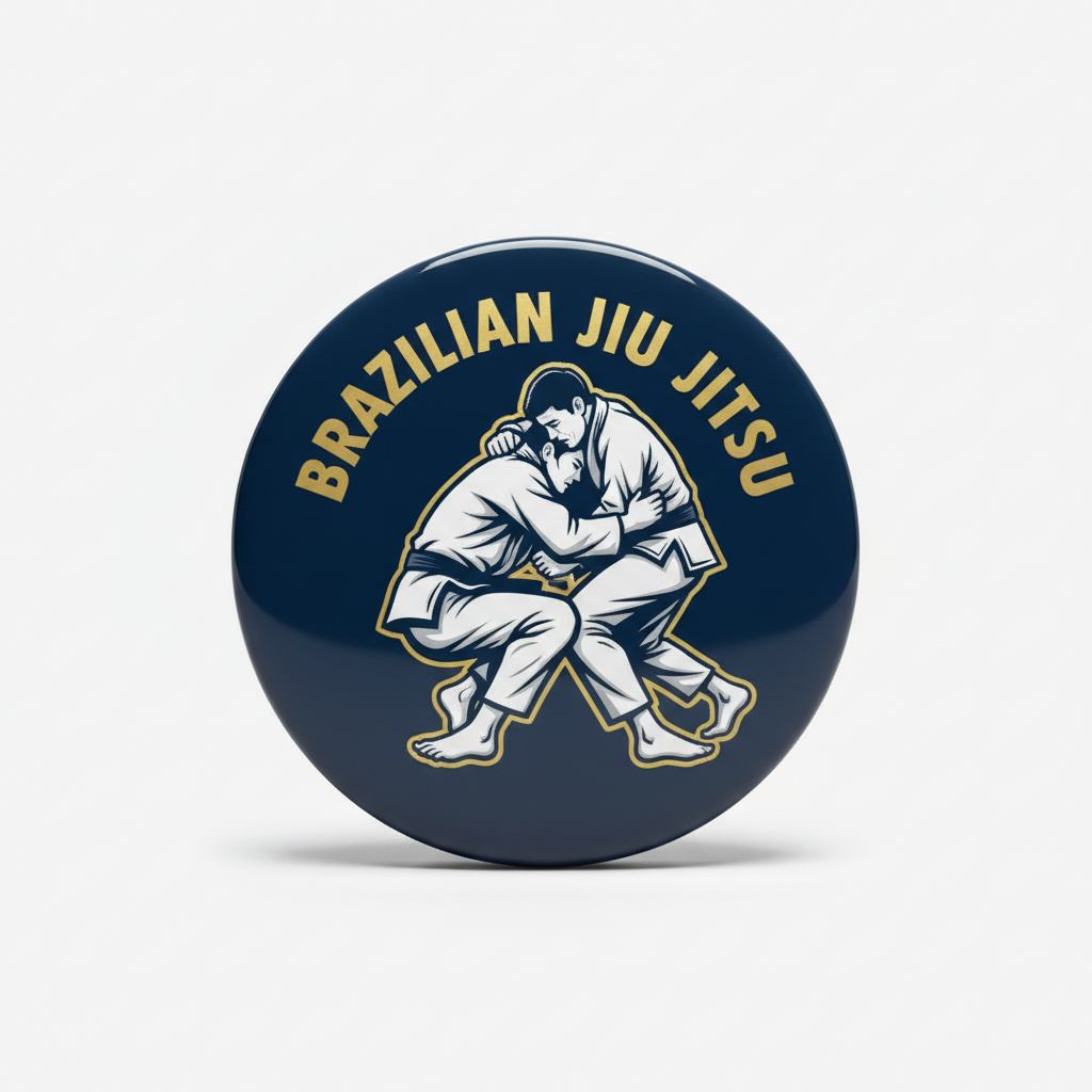 2.25-inch jiu jitsu pinback button, navy blue with gold text and wrestler grappling graphic