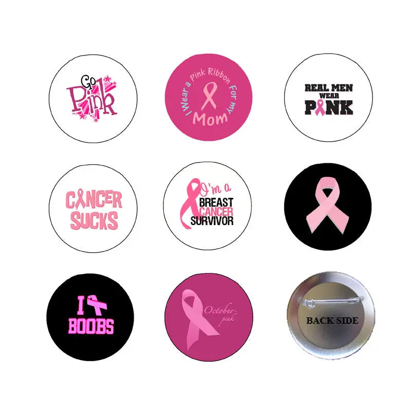 Set of round 1.25-inch breast cancer pinbacks with pink ribbon and slogan designs