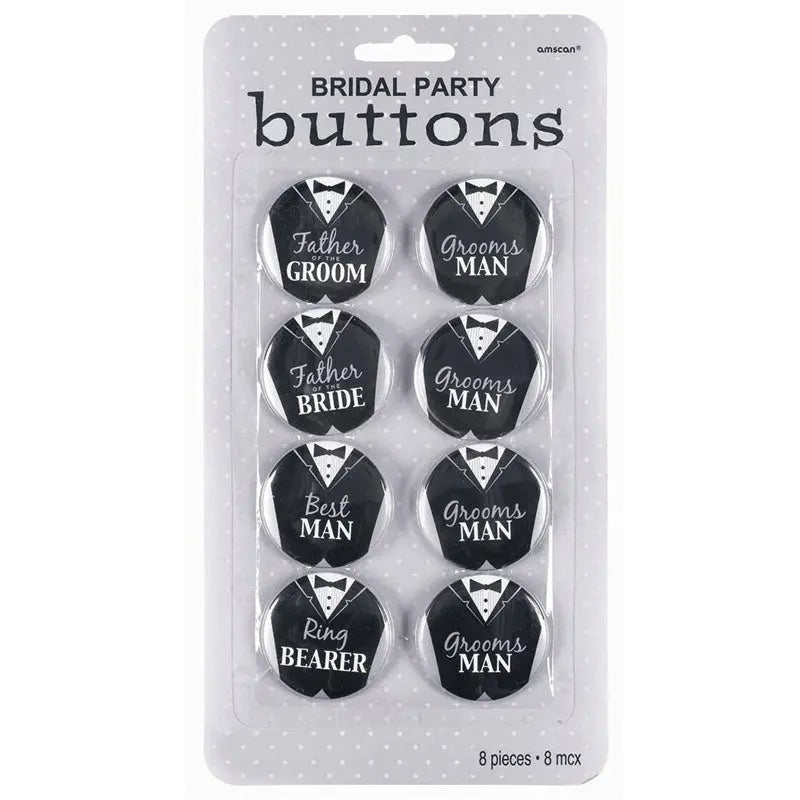 Set of 8 round black tuxedo-style pinback buttons with white role text, 1.25 in