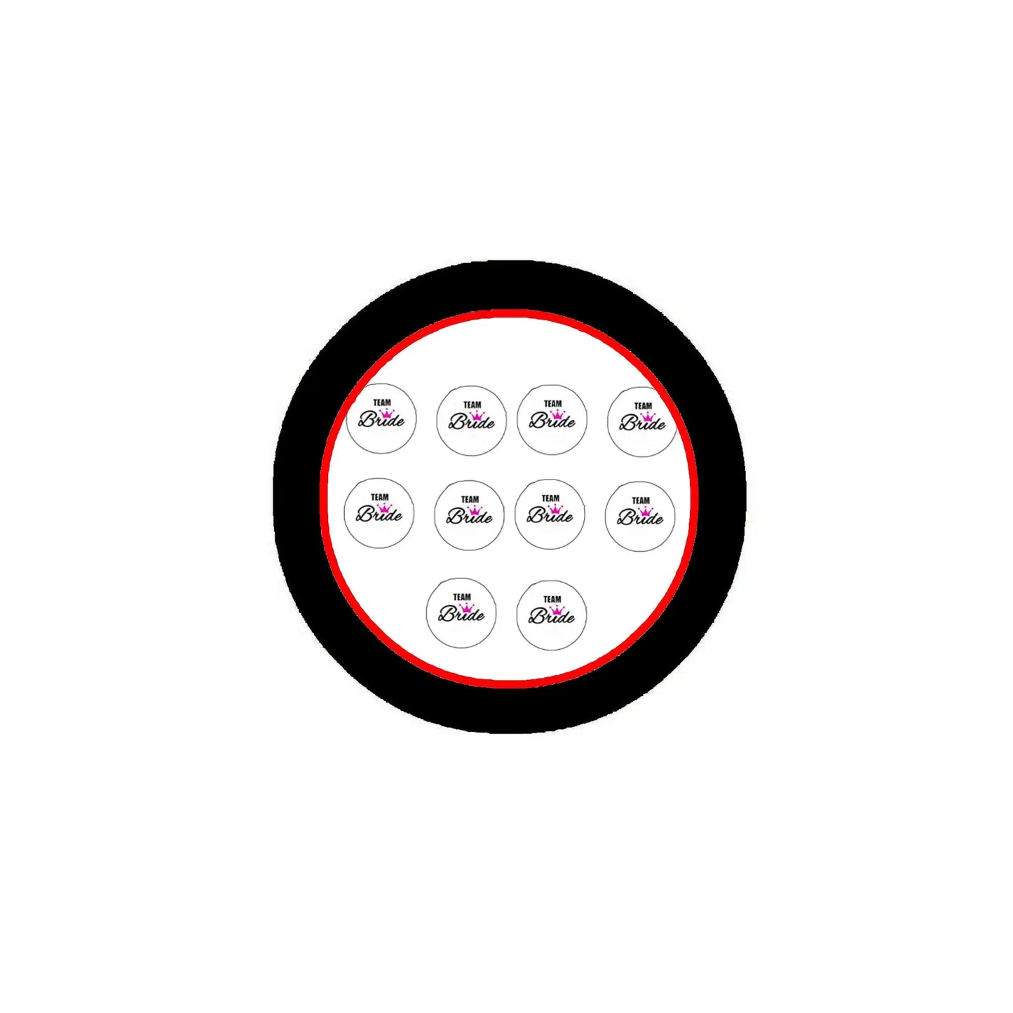 Round white pinback buttons set with 'Bride' text, small circles, black ring