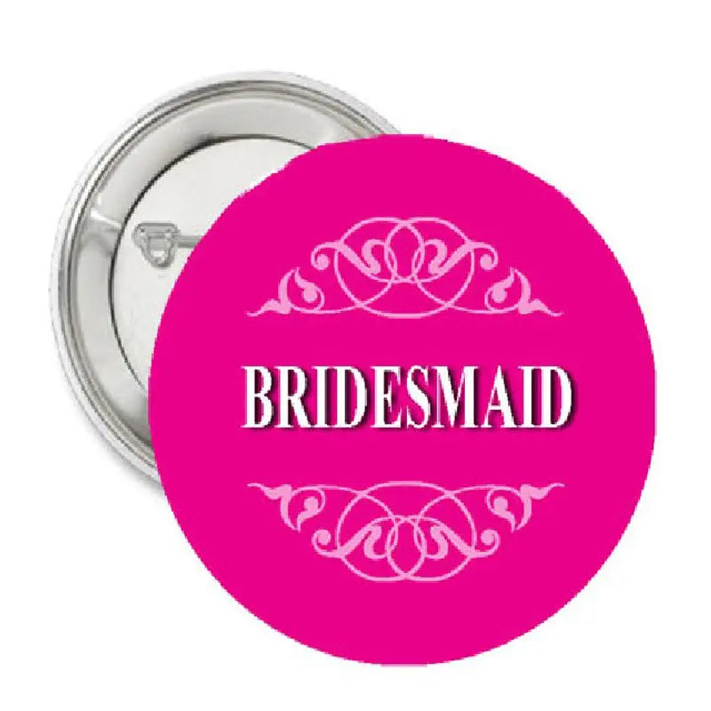Magenta bridesmaid pinback badge with rose crest and BRIDESMAID text