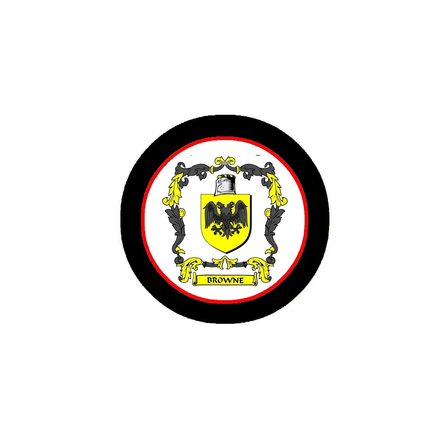 Browne family crest pinback, round black enamel with shield and banner