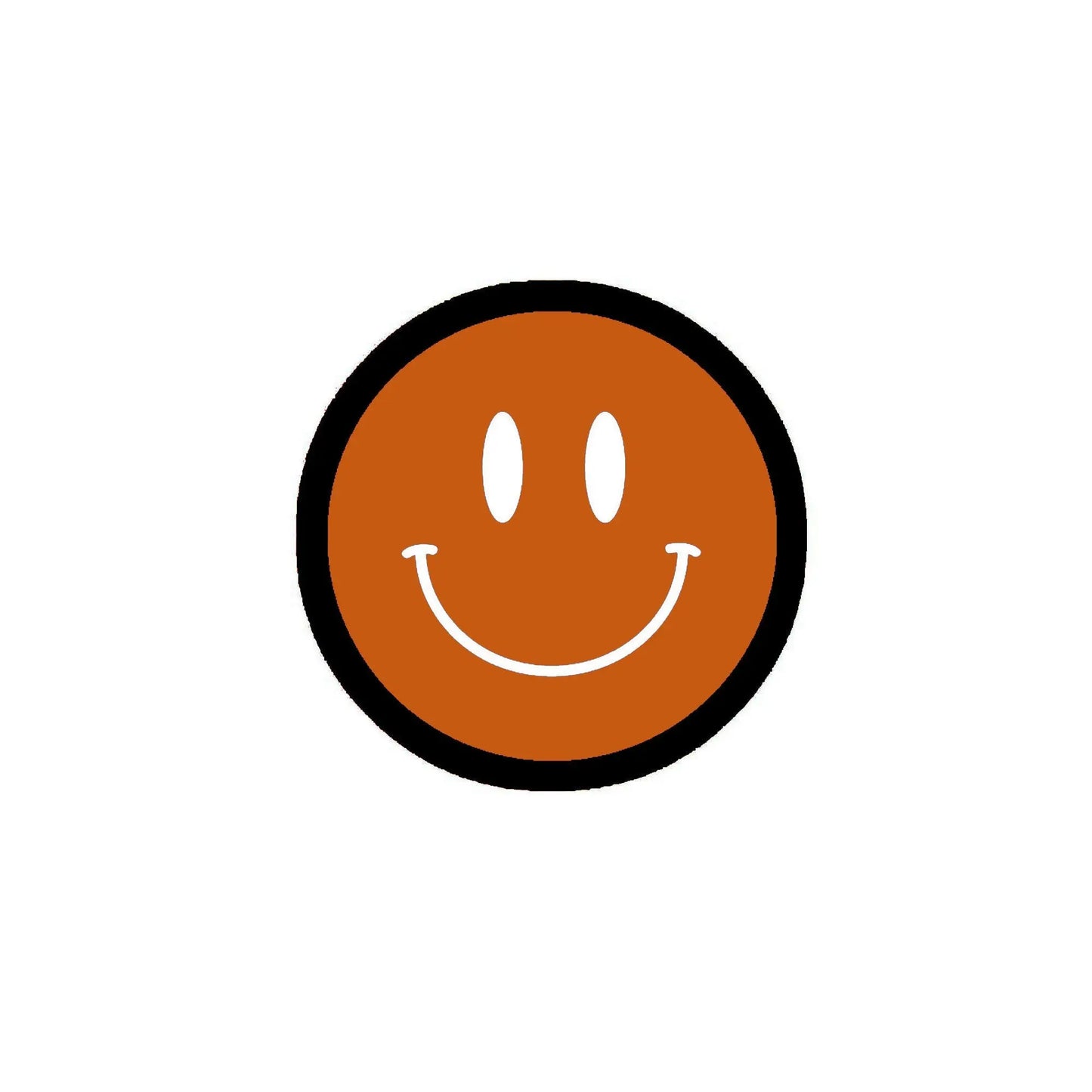Mini smile pinback button, 1.25-inch, orange-brown circle with black rim