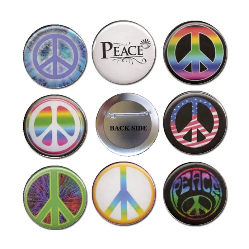Set of 8 round peace symbol pinback buttons, multicolor tie-dye style with “PEACE”