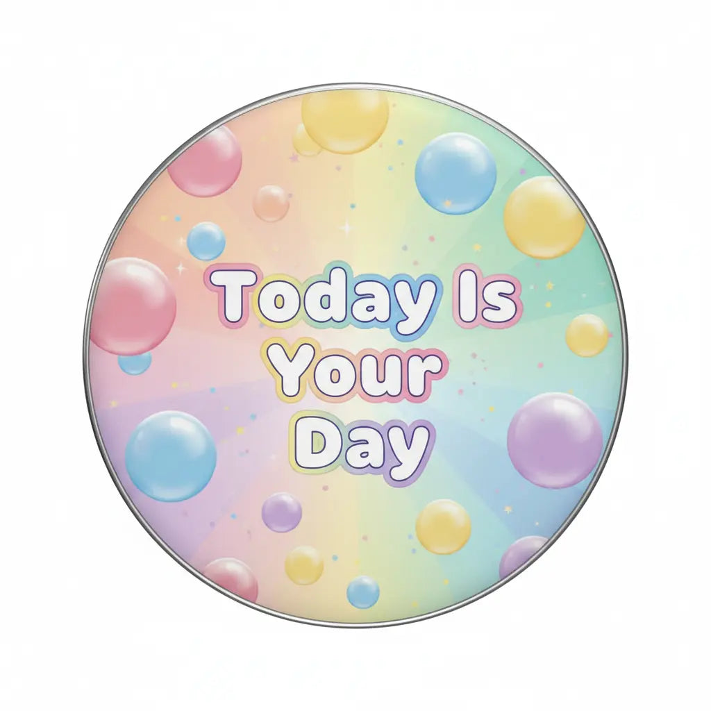 2.25-inch pinback button with pastel bubbles and 'Today Is Your Day' text