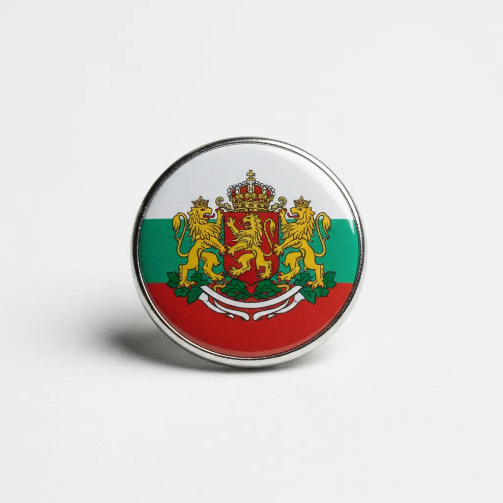 Bulgaria crest enamel pin, round metal backing with lion shield and tricolor flag